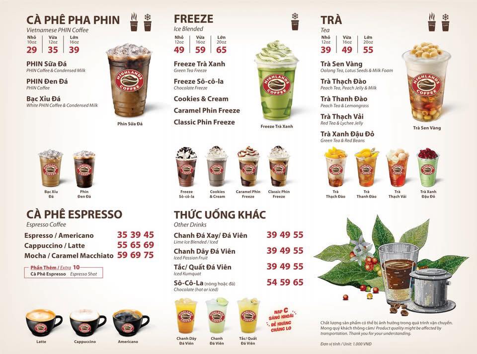 menu trà sữa highlands, giá trà sữa highlands, thực đơn highlands coffee 2024.